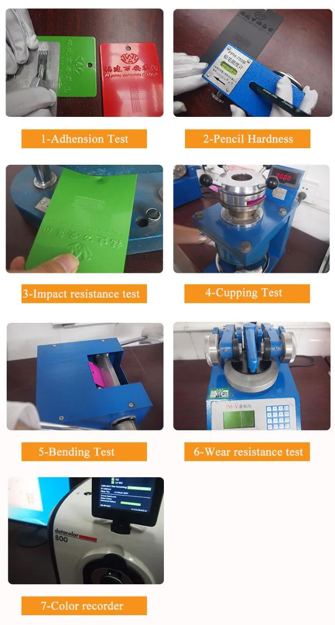 Coating tests: adhesion, pencil hardness, impact, cupping, bend, abrasion, colour measurement